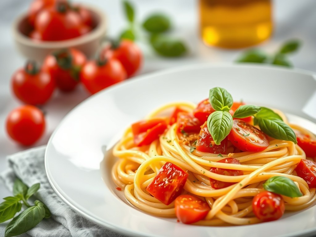 Trofie met zongedroogde tomaten en basilicum, AI-gegenereerde illustratie