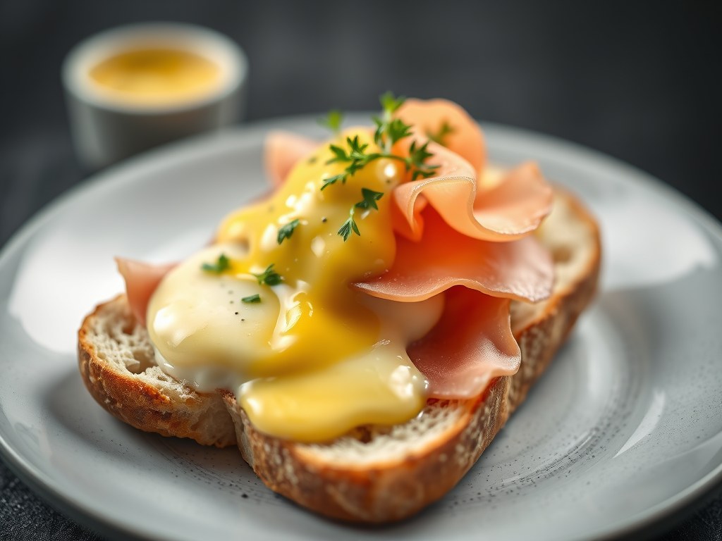 Uitsmijter met Meesterlyck-ham en oude kaas, kropsla en peterseliemayonaise, AI-gegenereerde illustratie