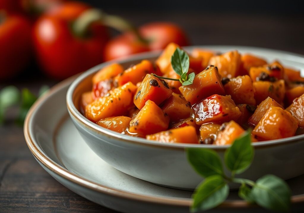 Vélouté van zoete aardappelen met peren, AI-gegenereerde illustratie