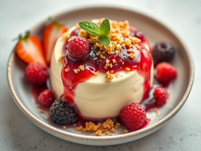 Vanillecrème met rabarbercompote en havermoutcrumble — AI-gegenereerde illustratie