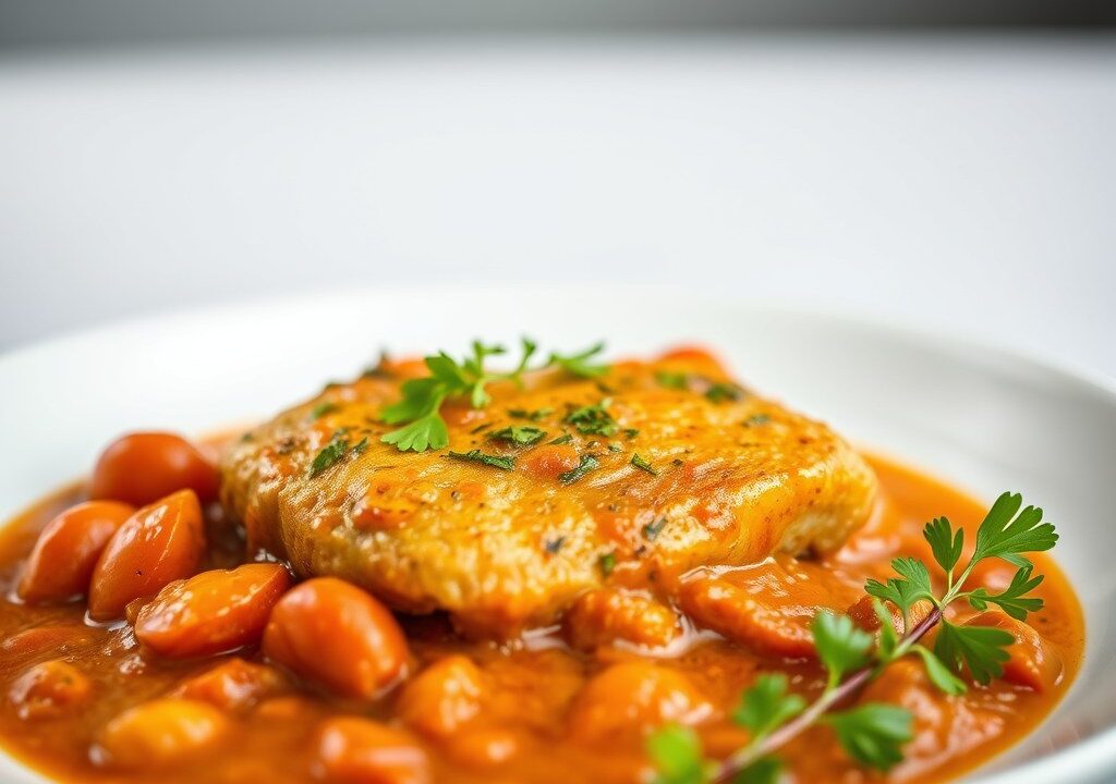 Varkensfilet in kerrie-tomatensaus — AI-gegenereerde illustratie