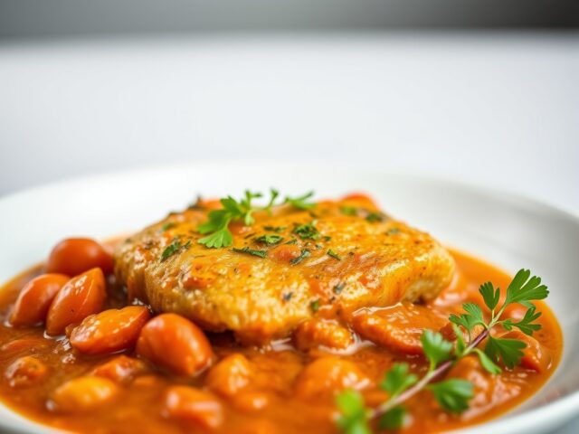 Varkensfilet in kerrie-tomatensaus — AI-gegenereerde illustratie
