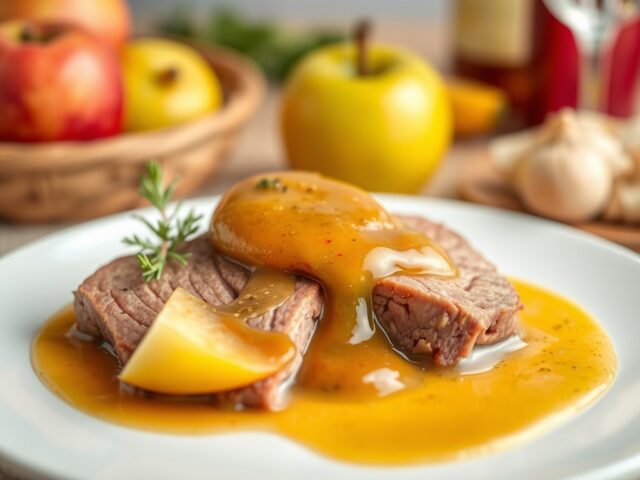 Varkensfilet met appel en mosterdsaus — AI-gegenereerde illustratie