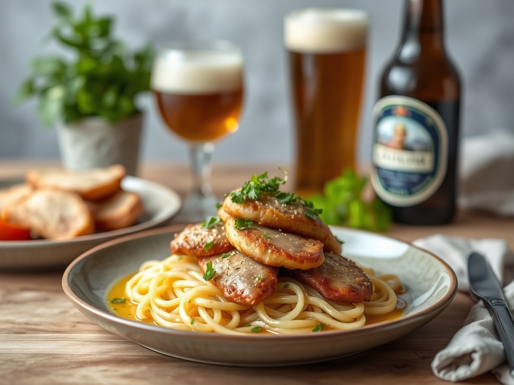 Varkensfiletrollade met biersaus, AI-gegenereerde illustratie