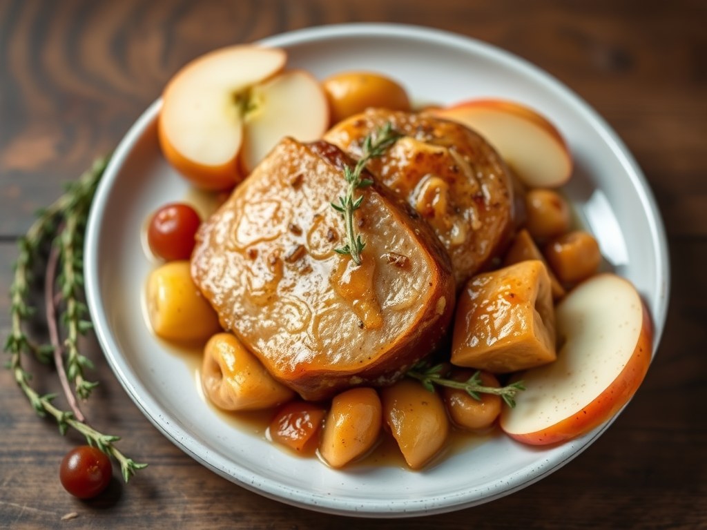 Varkensgebraad met cider en appeltjes, AI-gegenereerde illustratie