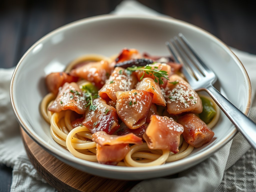 Varkenshaas Gewikkeld in Pancetta op Romeinse wijze, AI-gegenereerde illustratie