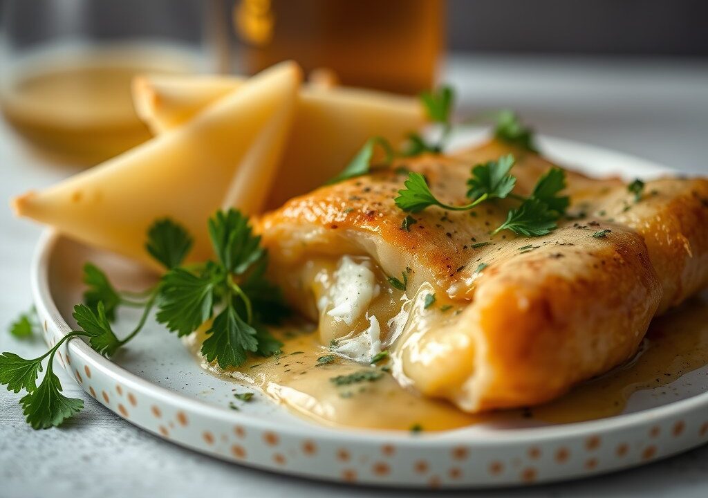 Varkenshaas met een korstje van Corsendonkse kaas en een saus van Belgisch bier, AI-gegenereerde illustratie