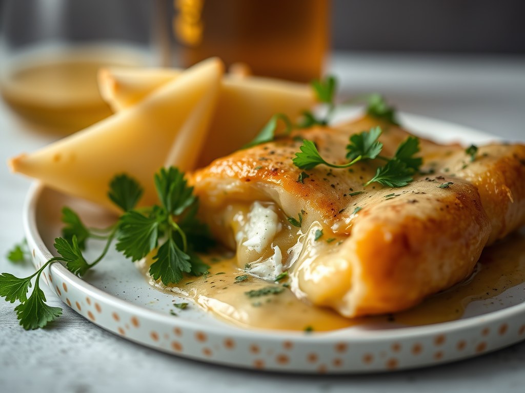 Varkenshaas met een korstje van Corsendonkse kaas en een saus van Belgisch bier, AI-gegenereerde illustratie