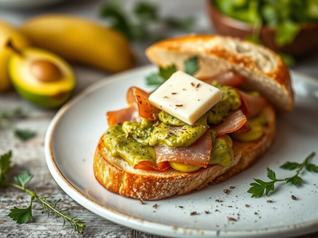 Varkenshaas met salie, guacemole en ham — AI-gegenereerde illustratie