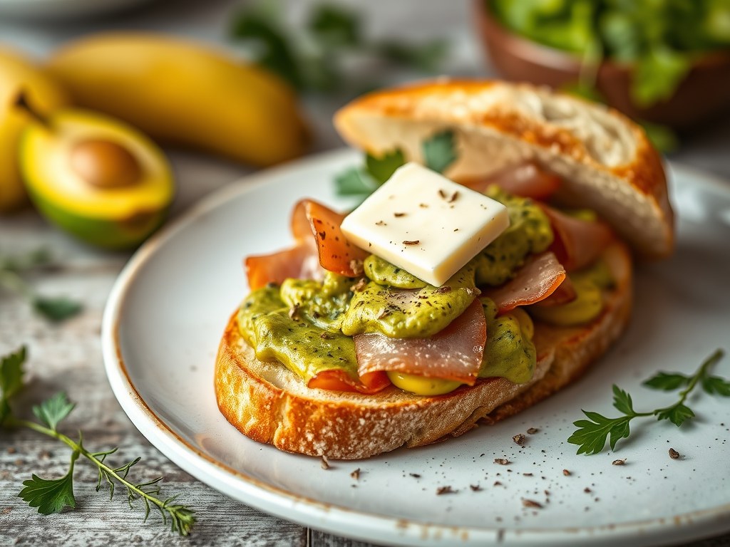 Varkenshaas met salie, guacemole en ham, AI-gegenereerde illustratie