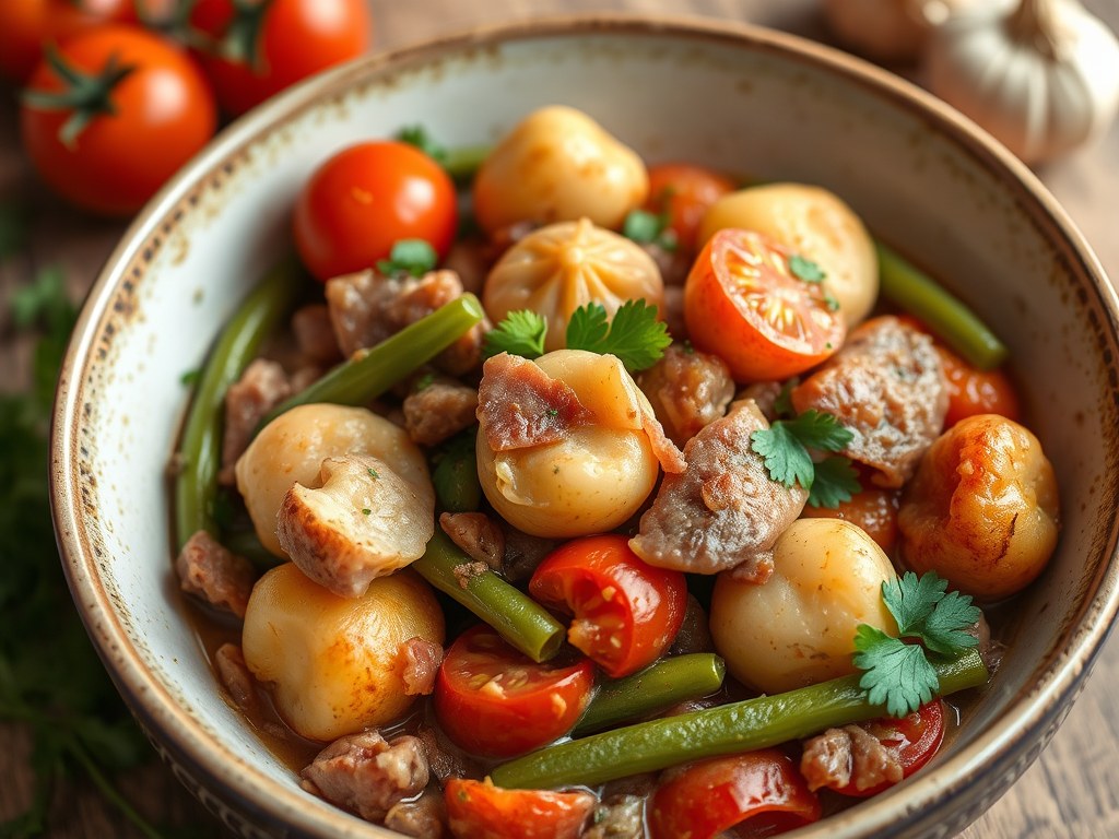 Varkenshaasje in een jasje van pancetta, met provençaalse tomaten, sperziebonen en aardappelen met peterselie, AI-gegenereerde illustratie