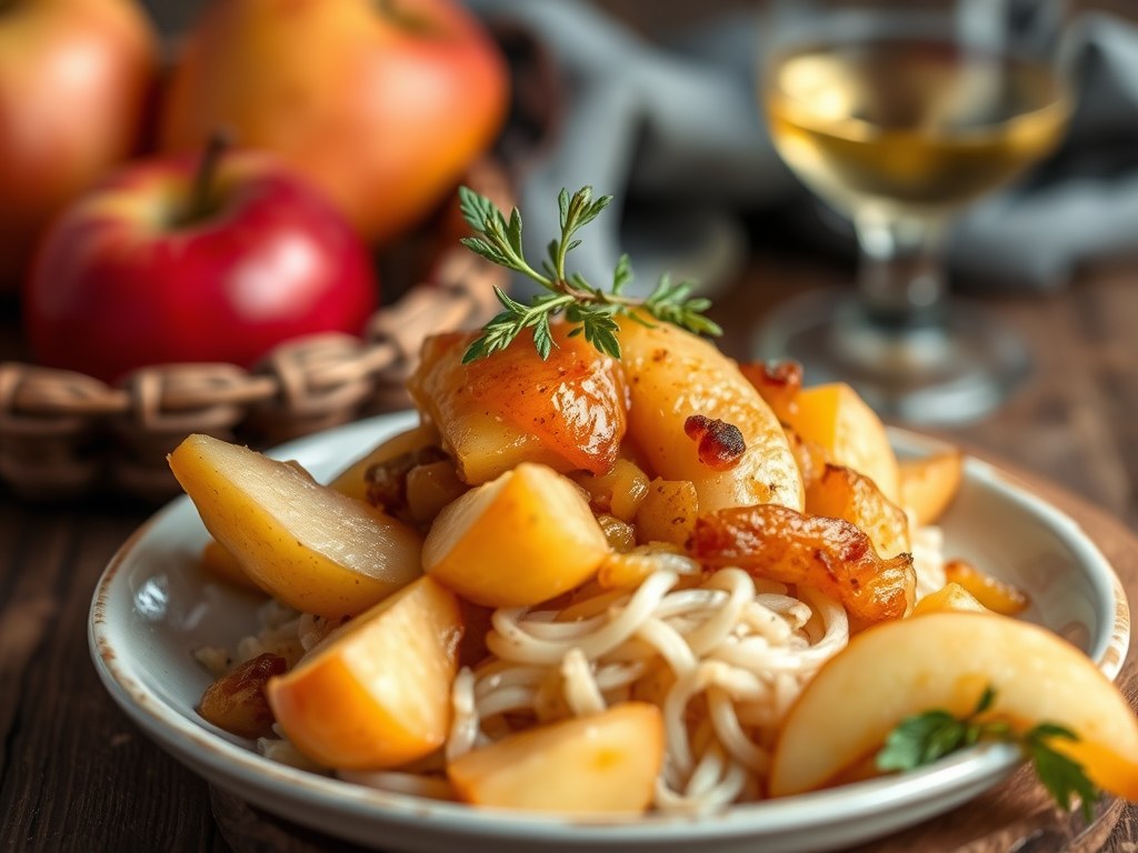 Varkenshaasje met droge cider en gekaramelliseerde appeltjes, AI-gegenereerde illustratie