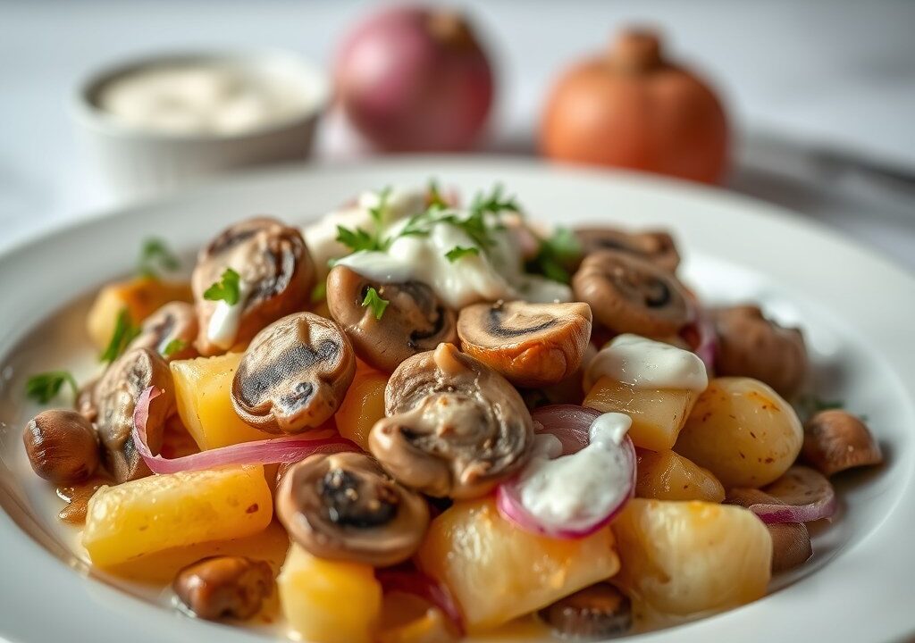 Varkenshaasje met pelaardappelen en champignon, AI-gegenereerde illustratie