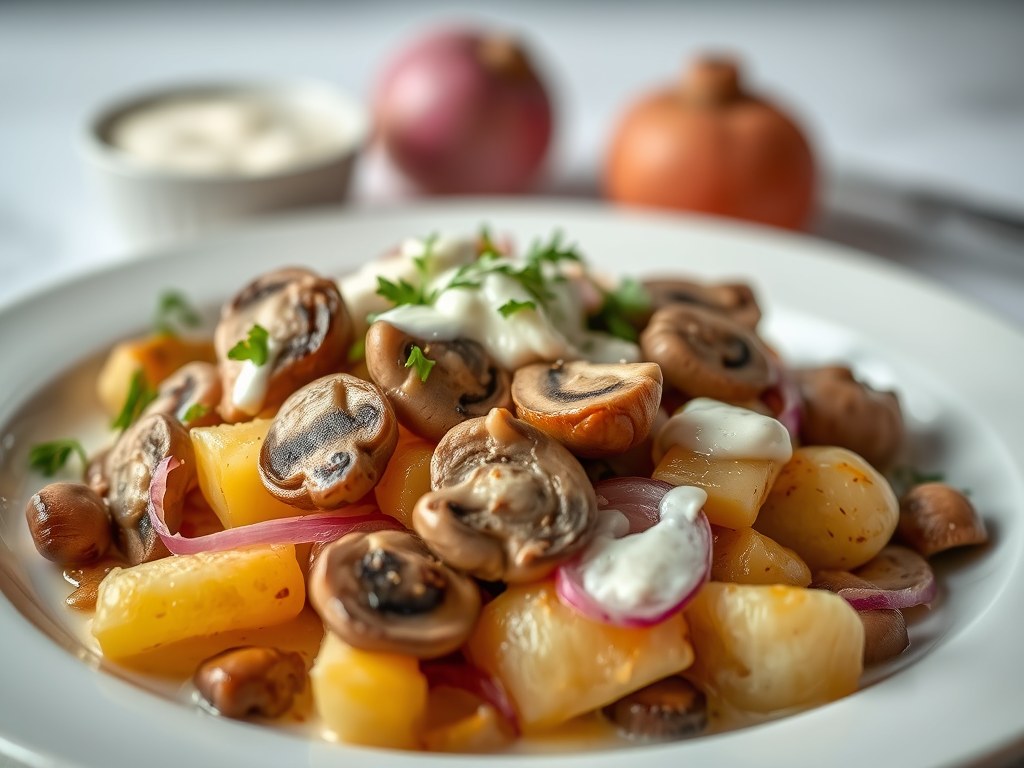 Varkenshaasje met pelaardappelen en champignon, AI-gegenereerde illustratie