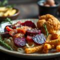 Varkenshaasje met spek, gebakken rode bieten en braambessen en aardappelkroketjes