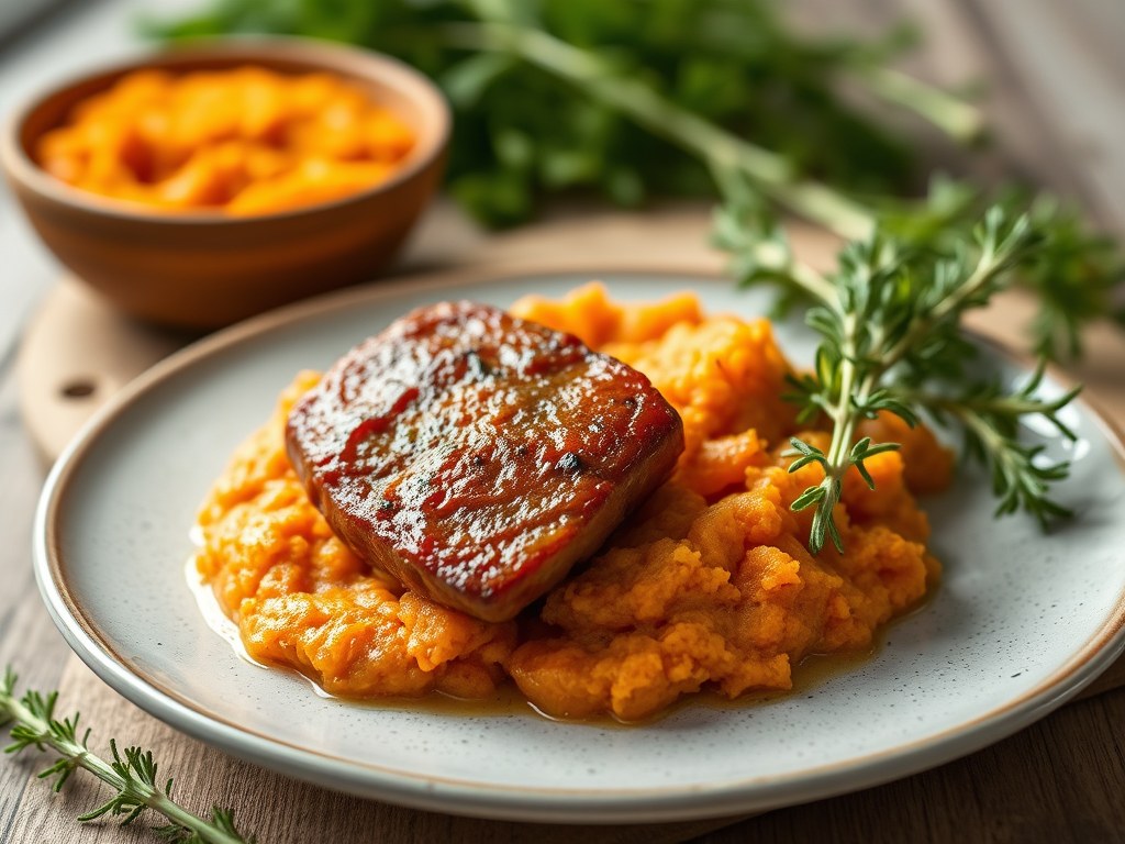 Varkenshaasje met wortelpuree, AI-gegenereerde illustratie