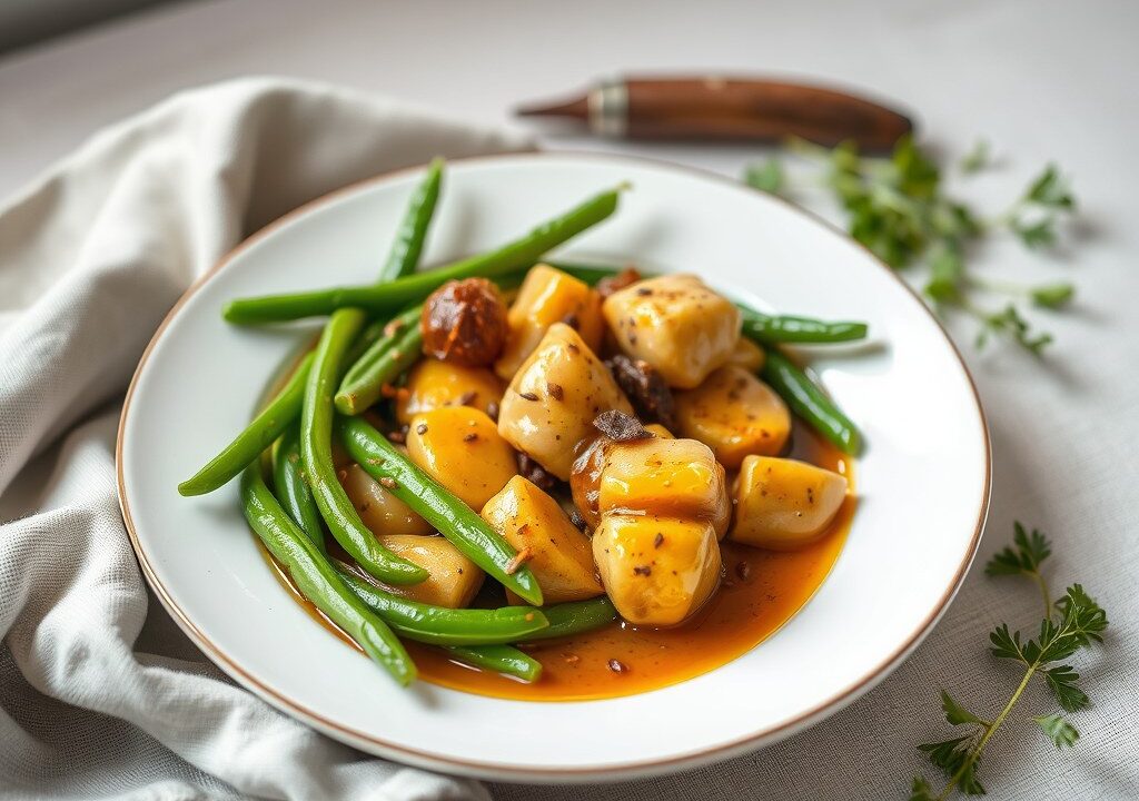 Varkenskotelet met sperziebonen en pikante saus, AI-gegenereerde illustratie