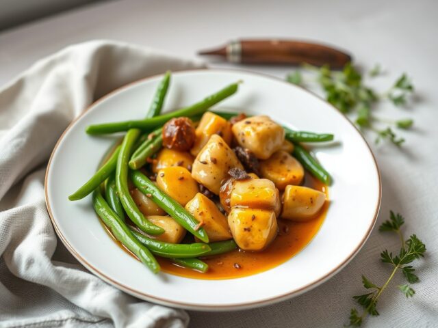 Varkenskotelet met sperziebonen en pikante saus — AI-gegenereerde illustratie