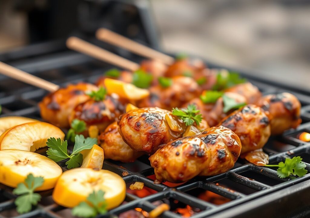 Varkenskoteletjes met perzik op de bbq- grill, AI-gegenereerde illustratie
