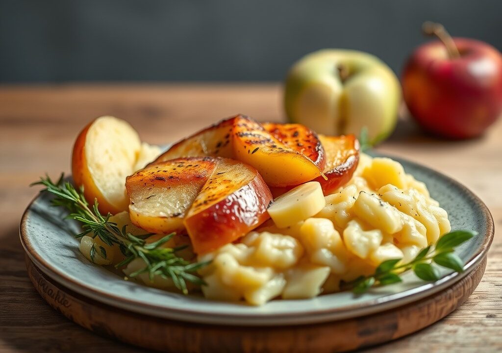 Varkenskroontje met gepofte appel en puree van pastinaak, AI-gegenereerde illustratie