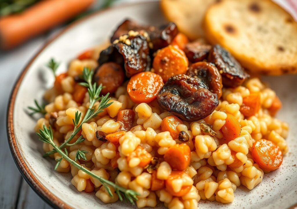 Varkenskroontje met risotto, AI-gegenereerde illustratie