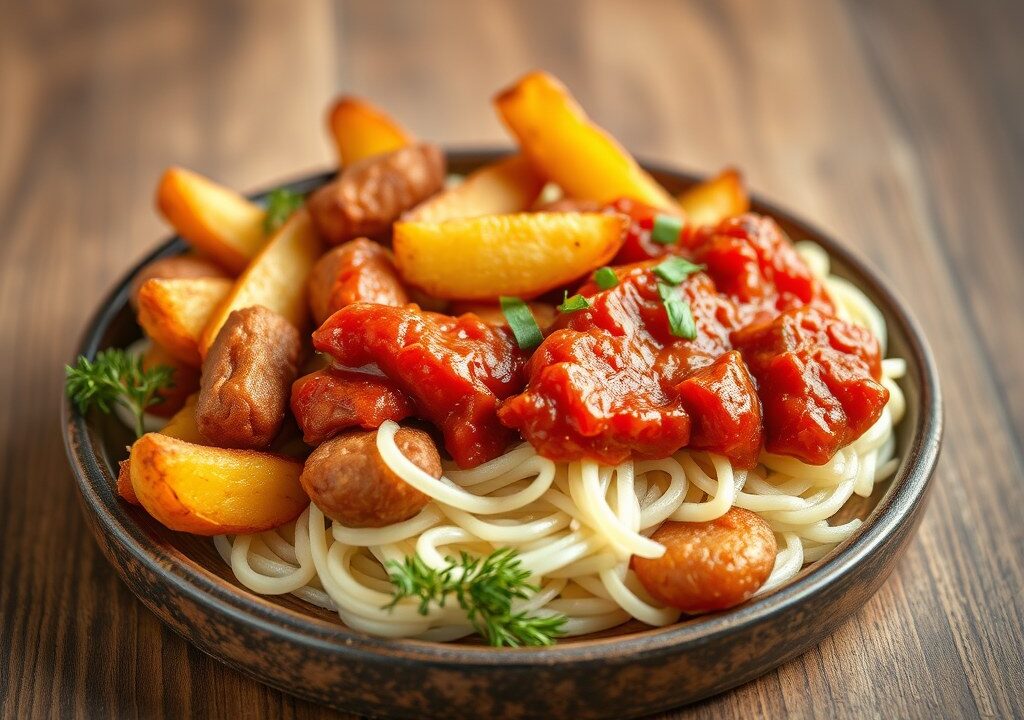 Varkenskroontje met rode paprika, graantjesmosterd en gebakken aardappelen, AI-gegenereerde illustratie