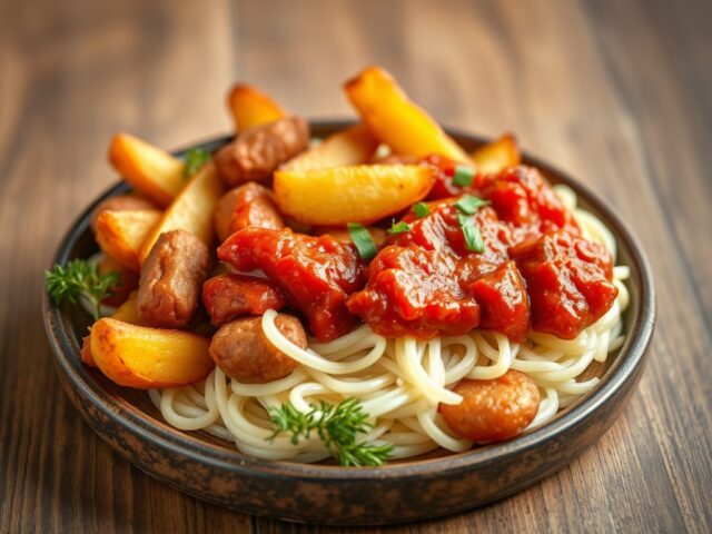 Varkenskroontje met rode paprika, graantjesmosterd en gebakken aardappelen — AI-gegenereerde illustratie