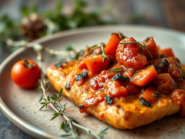 Varkenskroontje met tomatensalsa en ratatouille — AI-gegenereerde illustratie