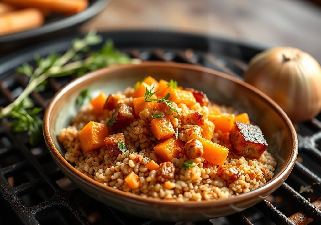 Varkenskroontje op de barbecue met bulgur, AI-gegenereerde illustratie