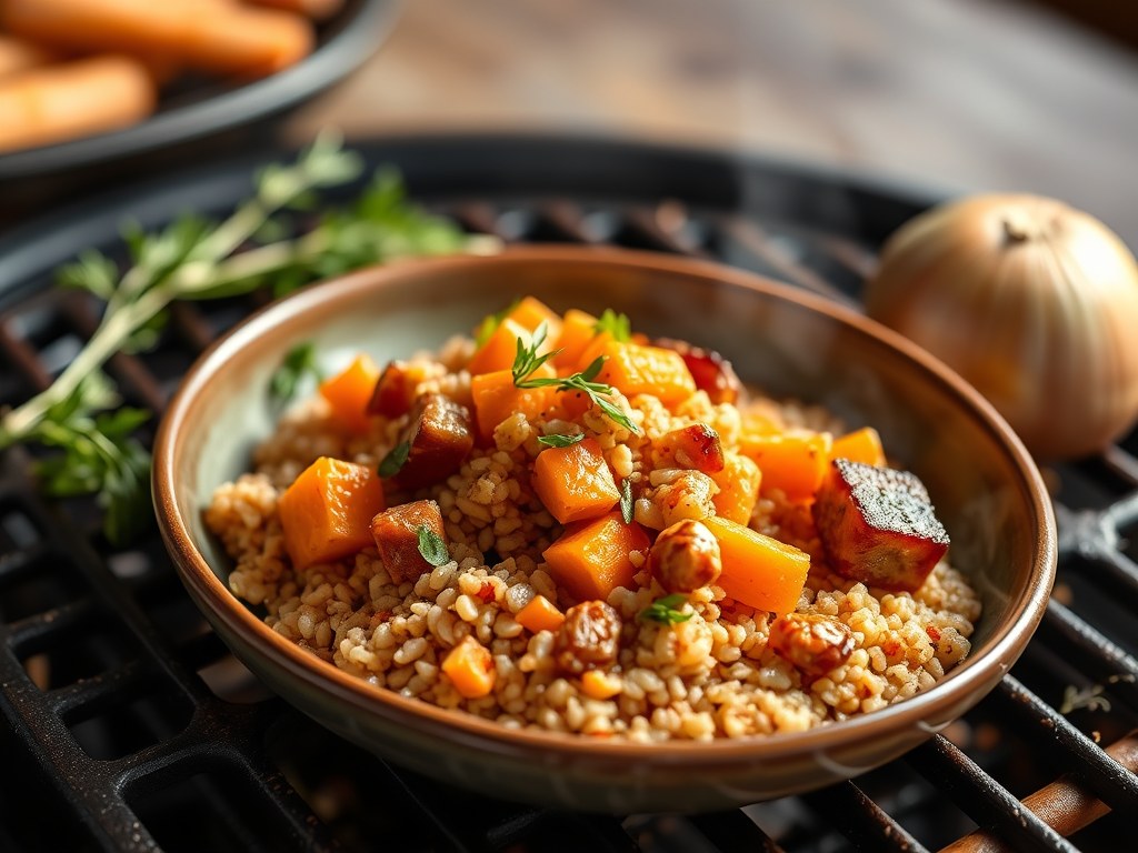 Varkenskroontje op de barbecue met bulgur, AI-gegenereerde illustratie