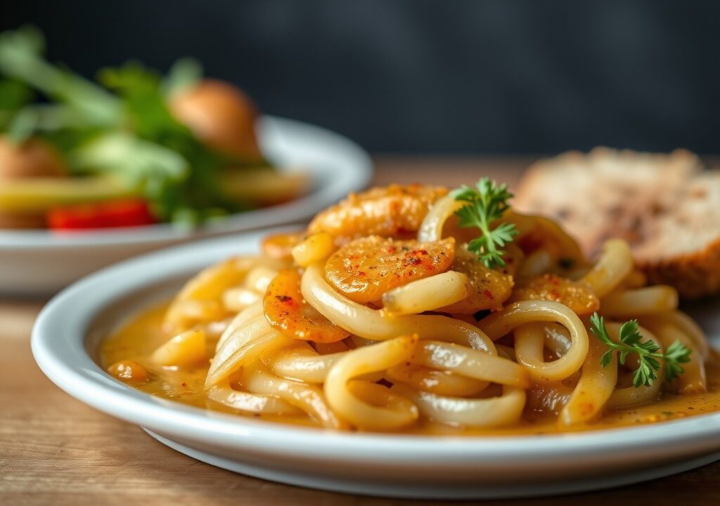 Varkenslapje met ui en sherrysaus — AI-gegenereerde illustratie