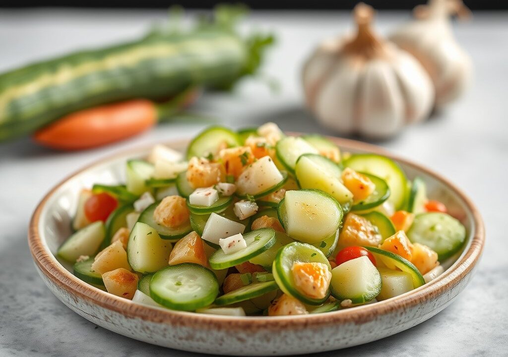 Varkensmignonnette en frisse komkommersalade — AI-gegenereerde illustratie