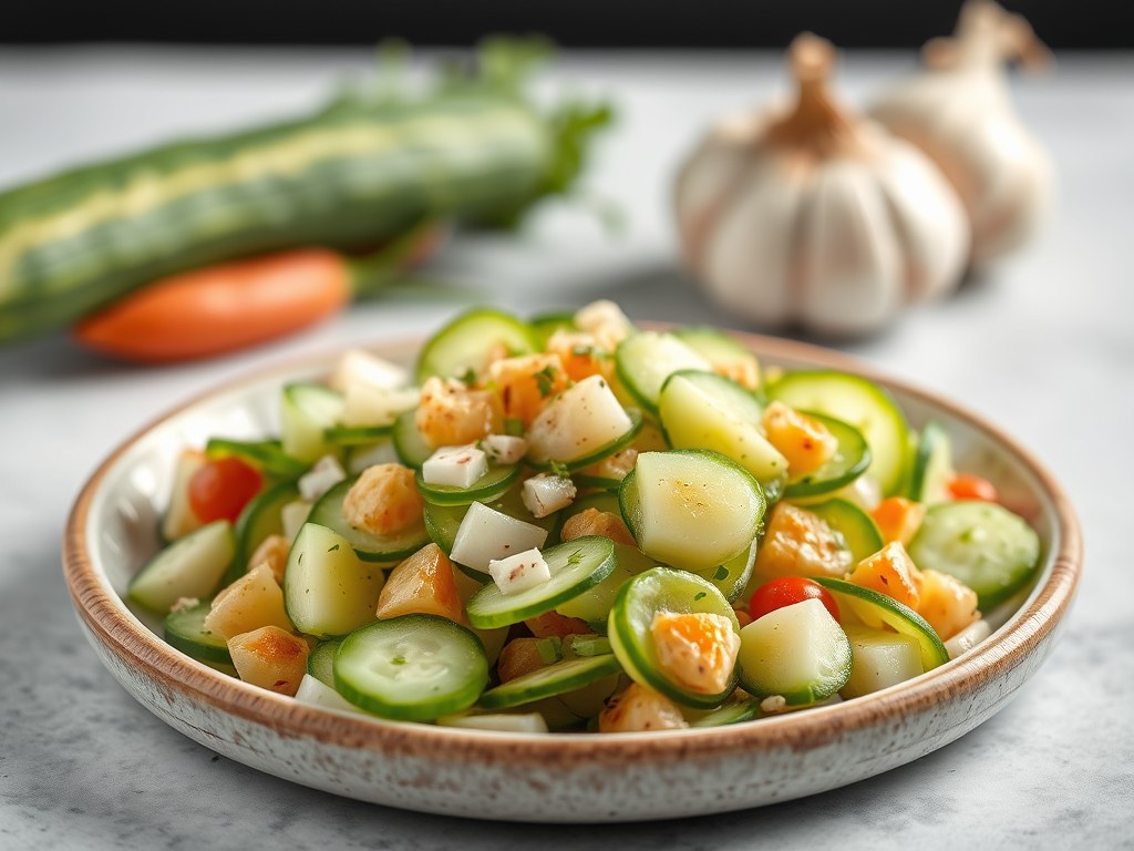 Varkensmignonnette en frisse komkommersalade, AI-gegenereerde illustratie
