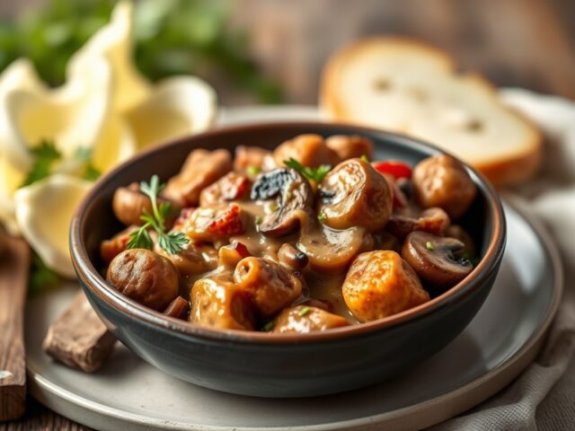 Varkensoesters stroganoff — AI-gegenereerde illustratie