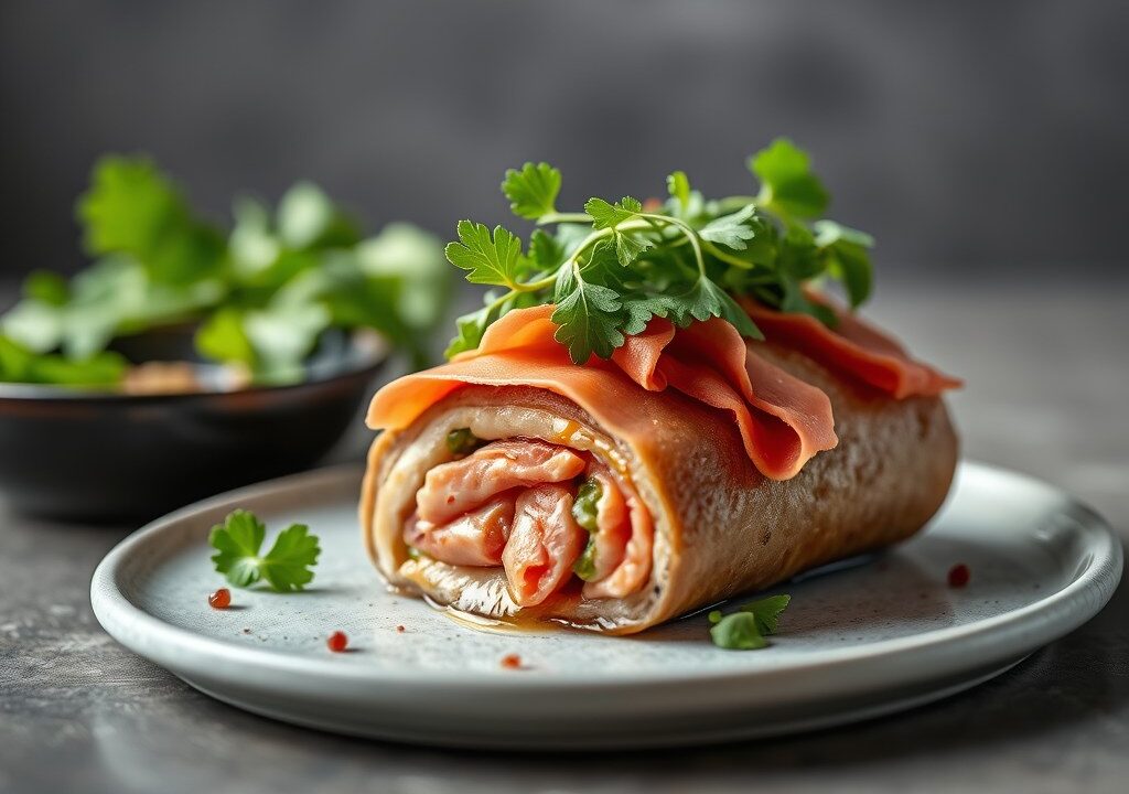 Varkensrollade met rucola en prosciutto, AI-gegenereerde illustratie