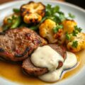 Varkensrug Duke of Berkshire met gegrilde bloemkool en béarnaise van pickles