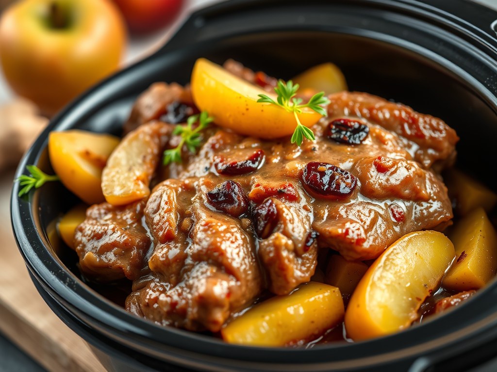 Varkensvlees met Gember-Appels uit de Slow Cooker, AI-gegenereerde illustratie