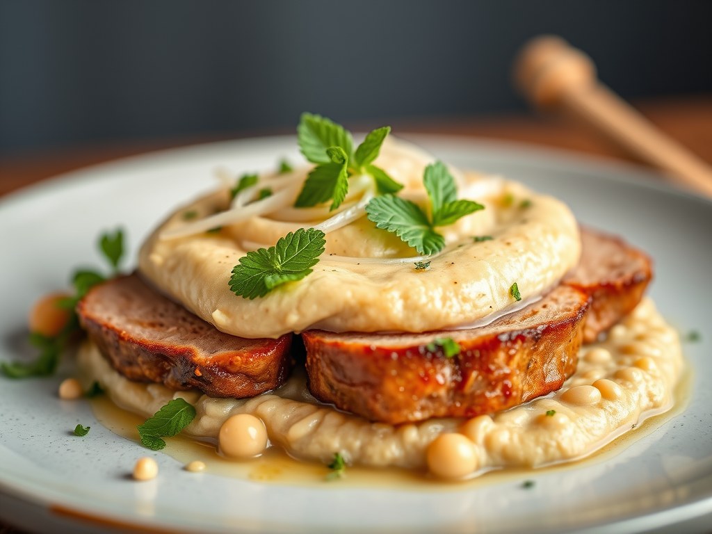 Varkensvlees met hummus van cashewnoten, gevulde uien met perzik, abrikoos en munt, AI-gegenereerde illustratie