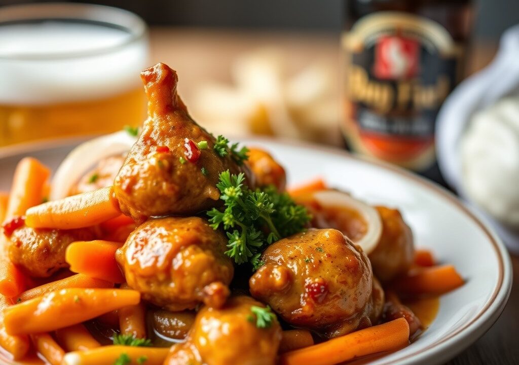 Varkenswangetjes met bruin bier en boerenkool — AI-gegenereerde illustratie