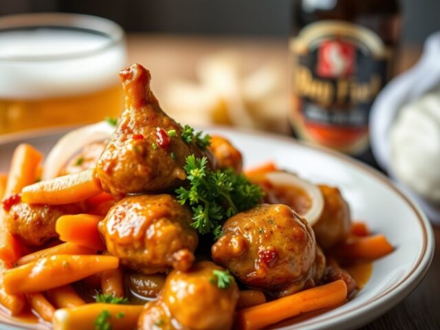 Varkenswangetjes met bruin bier en boerenkool — AI-gegenereerde illustratie