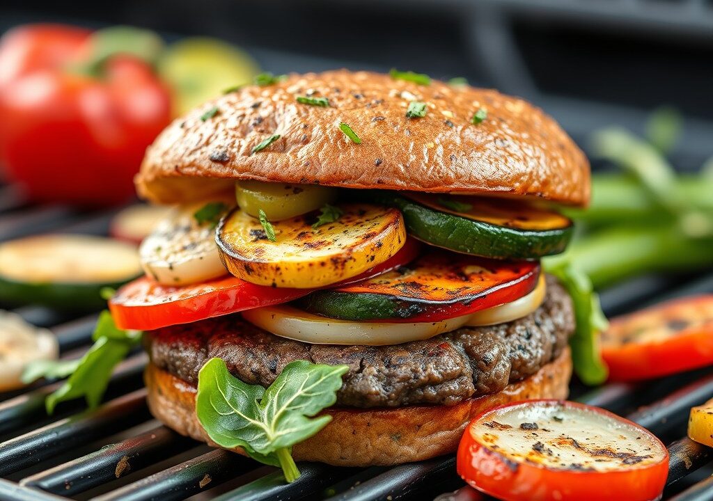 Vegaburger met gegrilde groenten, AI-gegenereerde illustratie