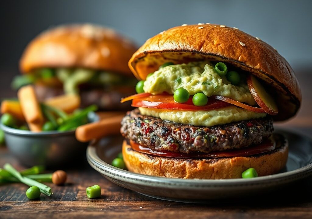 Vegetarische burger met erwtenpuree, bieslook en pickles — AI-gegenereerde illustratie