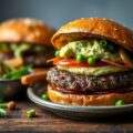Vegetarische burger met erwtenpuree, bieslook en pickles