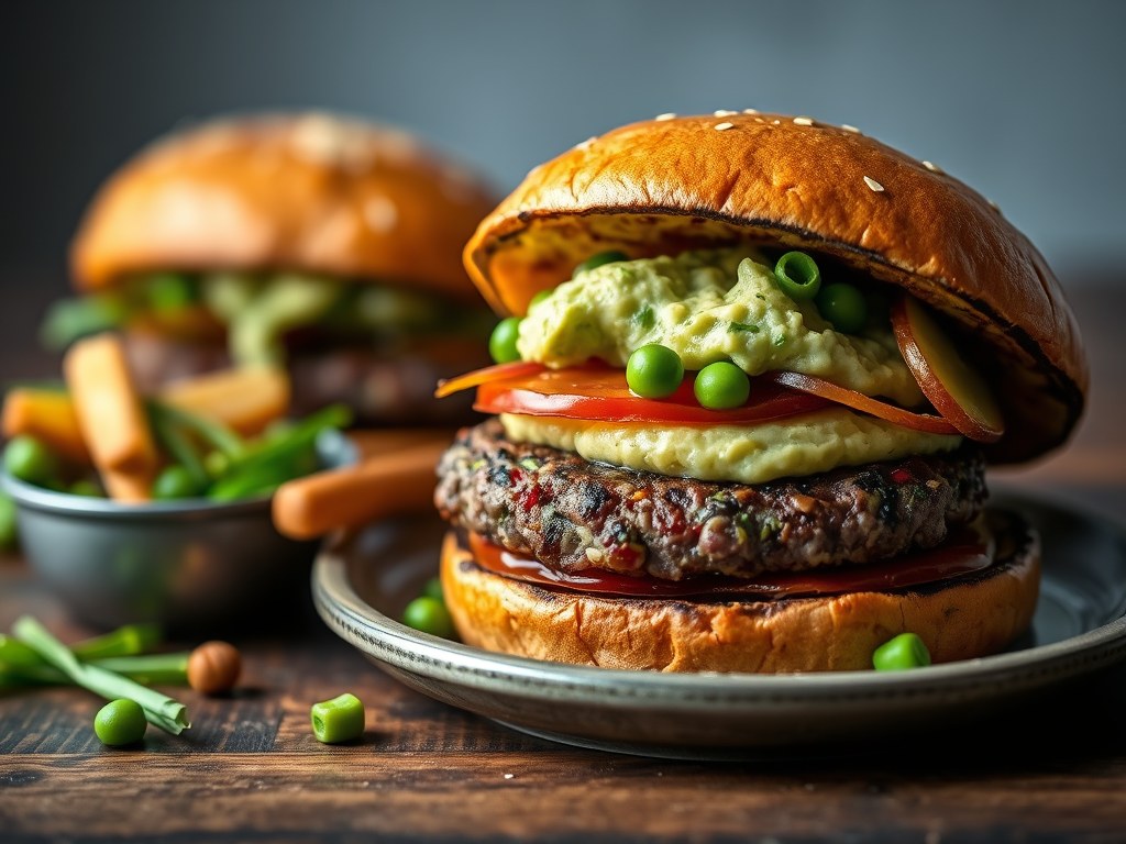 Vegetarische burger met erwtenpuree, bieslook en pickles, AI-gegenereerde illustratie