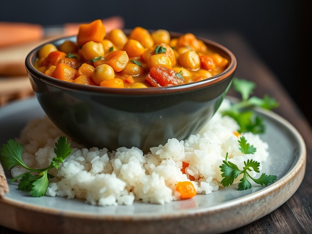 Vegetarische curry met kikkererwten en tuinbonen, AI-gegenereerde illustratie