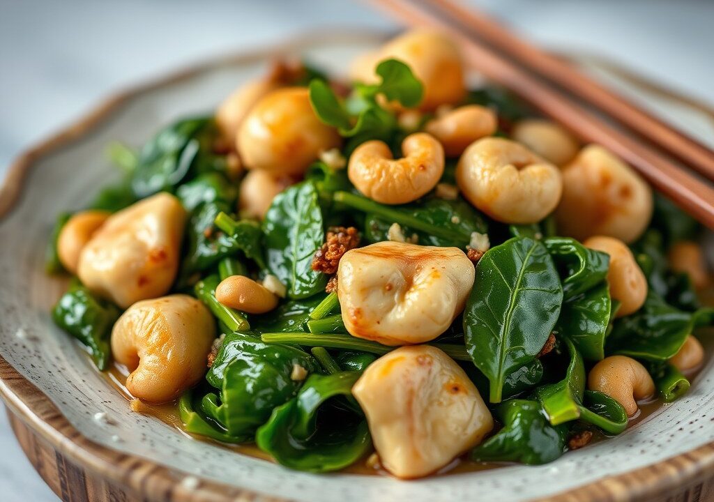 Vegetarische Tahoe-Schotel met Asperge, Spinazie en Cashewnoten, AI-gegenereerde illustratie