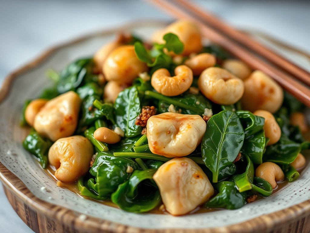 Vegetarische Tahoe-Schotel met Asperge, Spinazie en Cashewnoten, AI-gegenereerde illustratie
