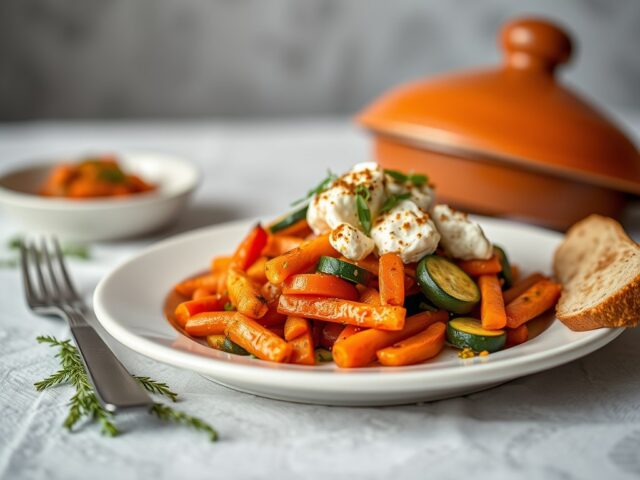 Vegetarische tajine met gegrilde feta — AI-gegenereerde illustratie