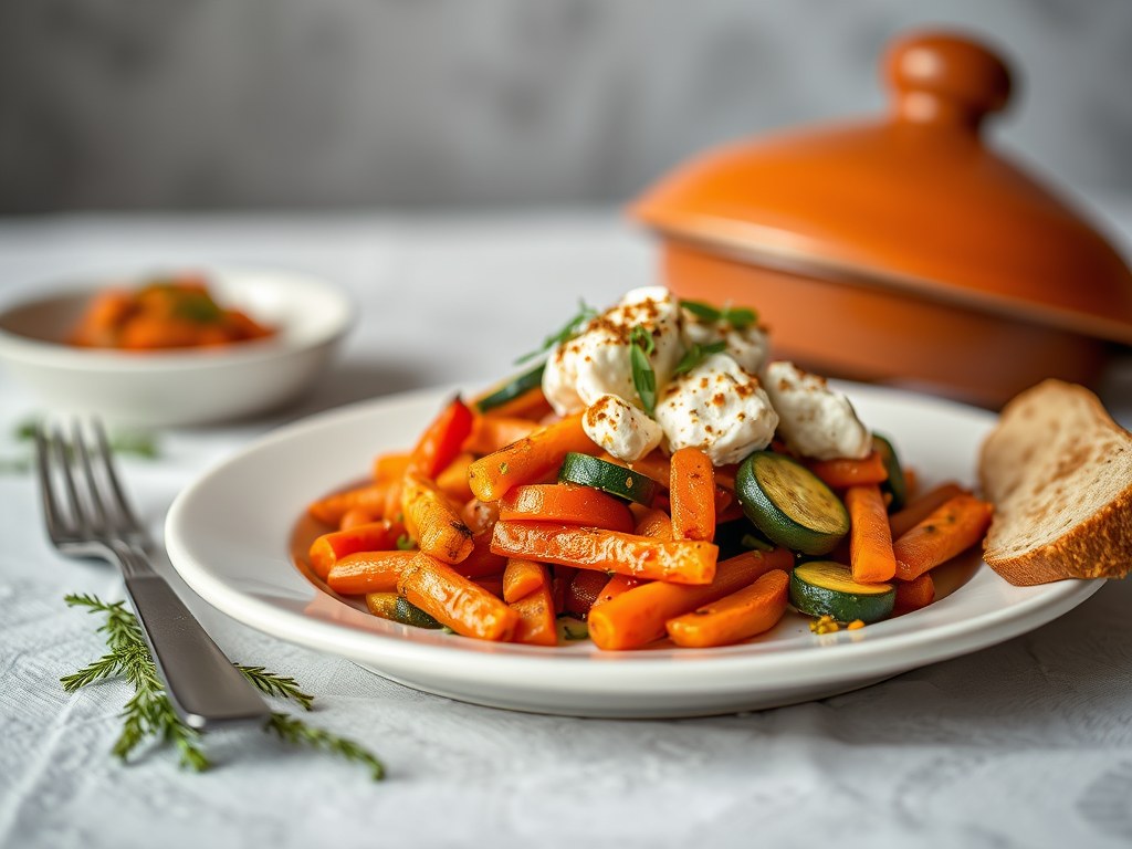Vegetarische tajine met gegrilde feta, AI-gegenereerde illustratie