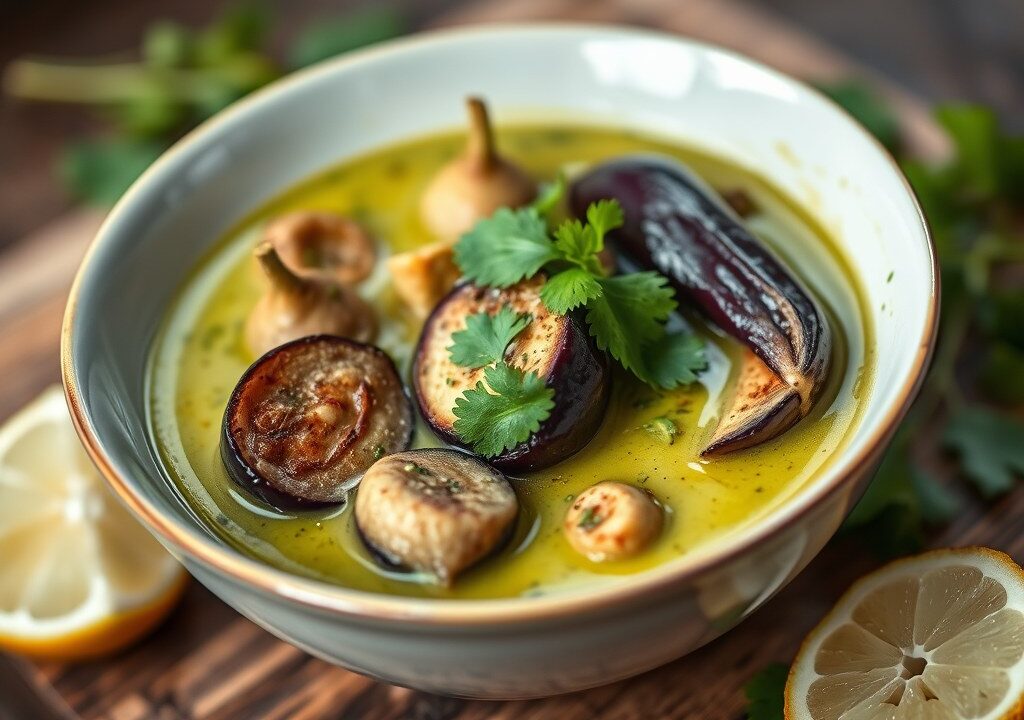 Vegetarische Thaise groene curry met Thaise aubergines — AI-gegenereerde illustratie